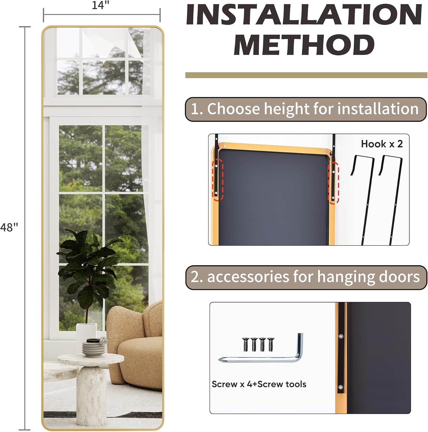Full Length Door Mirror 14x48, Metal Frame with Protective Film, No-Drilling Hanging or Wall Mount (Horizontal/Vertical), Hooks & Hardware Included, Full Body Mirror for Bedroom, Dorm, Gold