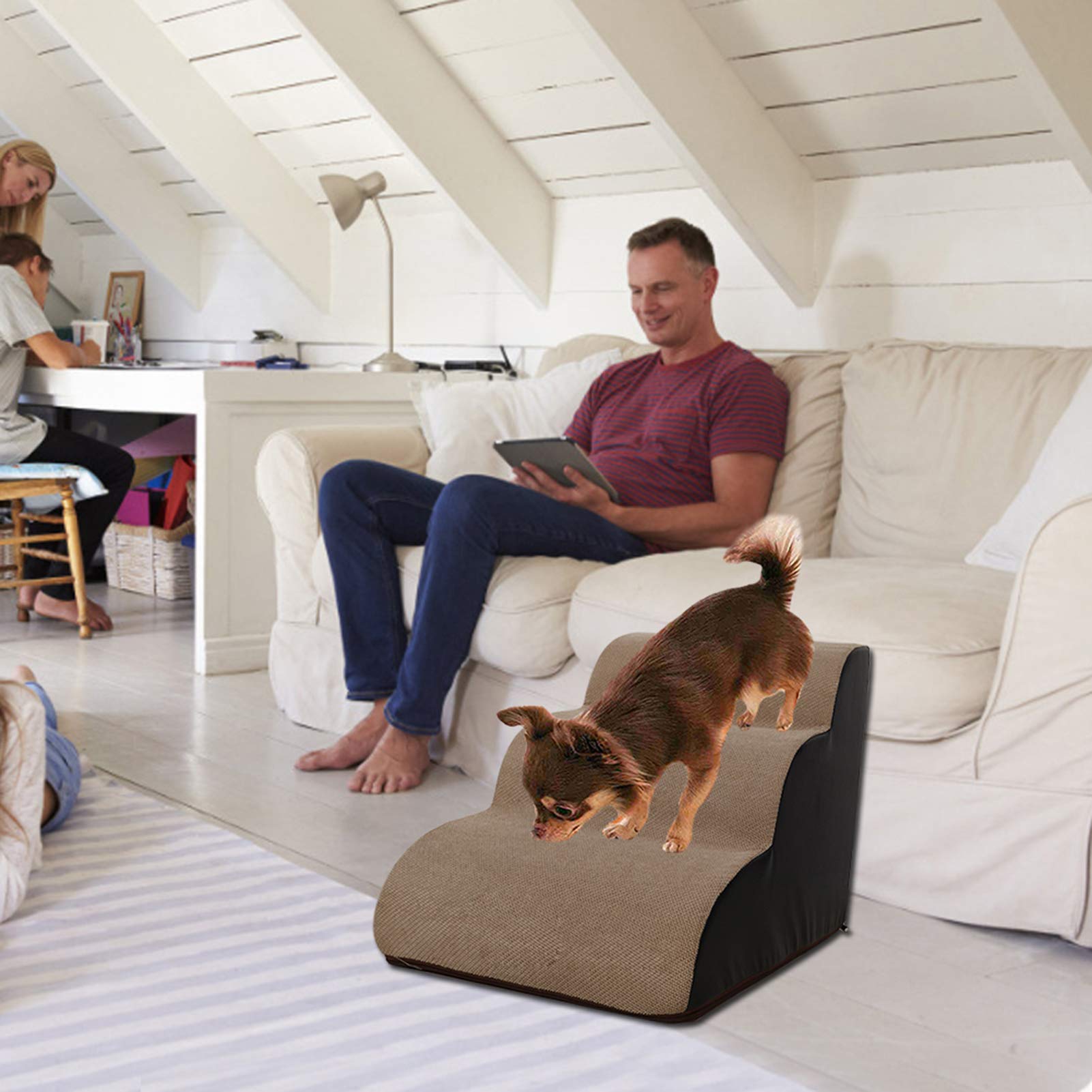 PawHut Hondentrap 3 Treden 54 Cm Hoog Huisdiertrap Voor Kleine Honden Kattentrap Met Sisal Krabpaal Speelbal~21b292p0po000