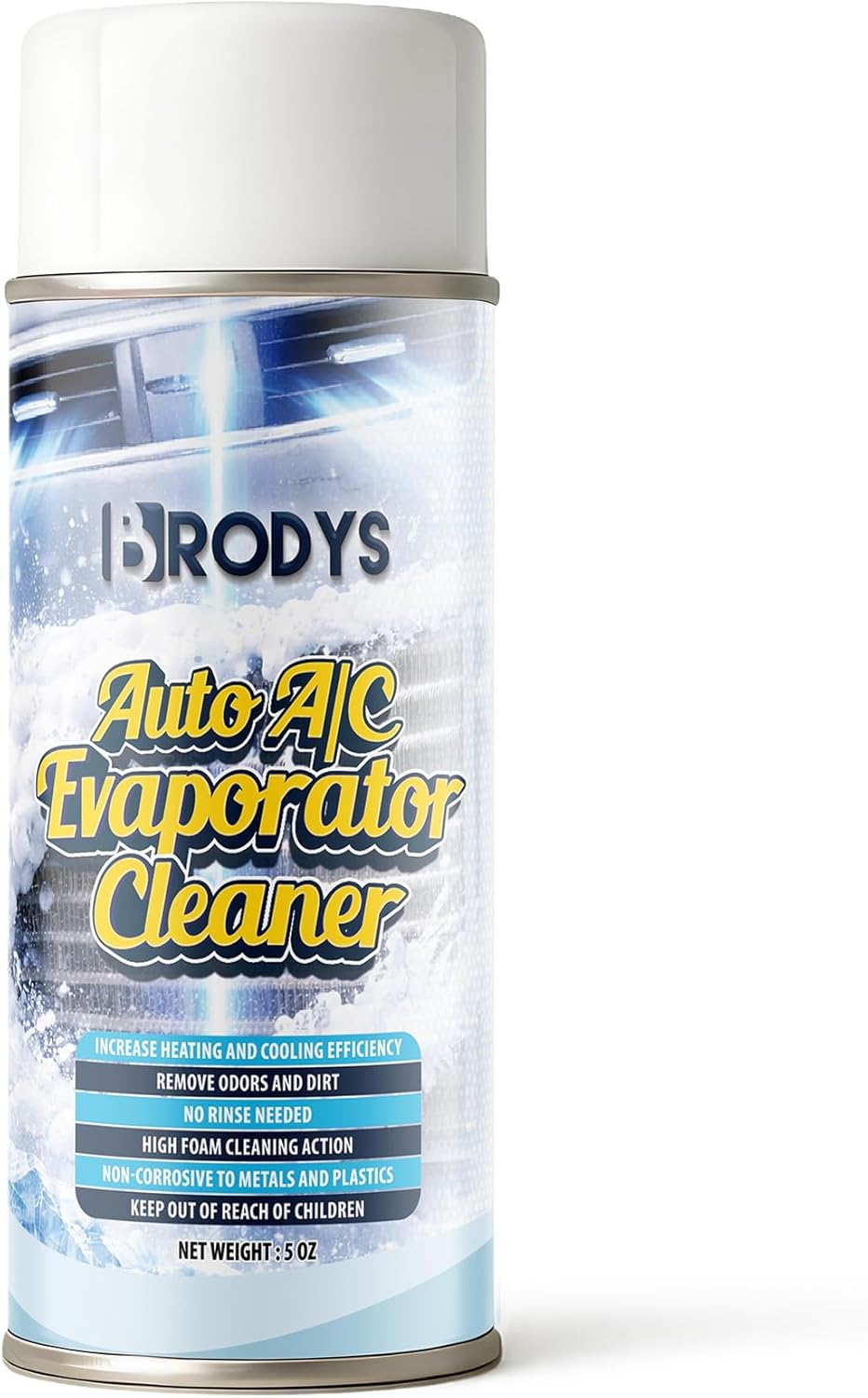 BRODYS - Automotive AC Odor Eliminator & Evaporator Coil Cleaner, Auto, A/C, Clean Air conditioning system, Heater Foam, No Rinse formula, 5oz
