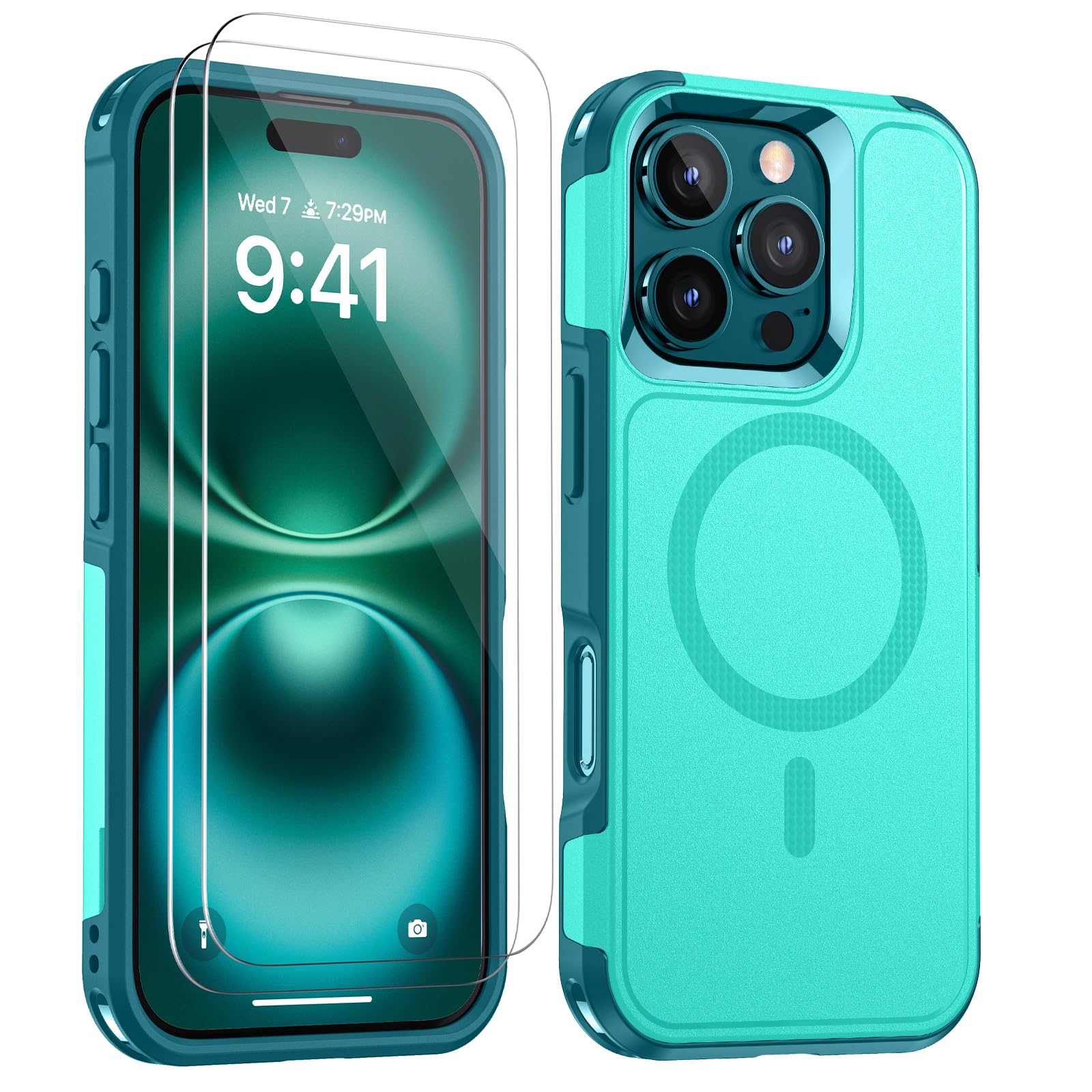 Lanhiem Magnetic for iPhone 16 Pro Case, [2 Pack Tempered Glass Screen Protector][Compatible with MagSafe][Military Grade Shockproof] Heavy Duty Tough Rugged Cover for iPhone 16 Pro (6.3") - Teal