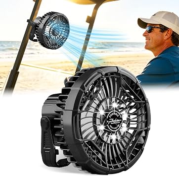 Roykaw Golf Cart Fan 10400 mAh Rechargeable Battery Powered, 24 Hrs Work Portable Fan with LED Light for Nighttime Drive, Cordless Remote Control, Compatible with EZGO Club Car Yamaha, 1PC
