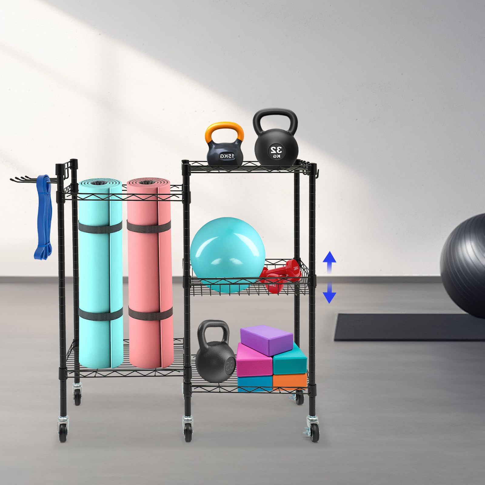 Wielofunkcyjny mobilny stojak na sprzęt sportowy, regulowany stojak na hantle, stojak na matę do jogi, przechowywanie w domu z półkami, drucianym koszem i haczykami, do domu, studia fitness, studia