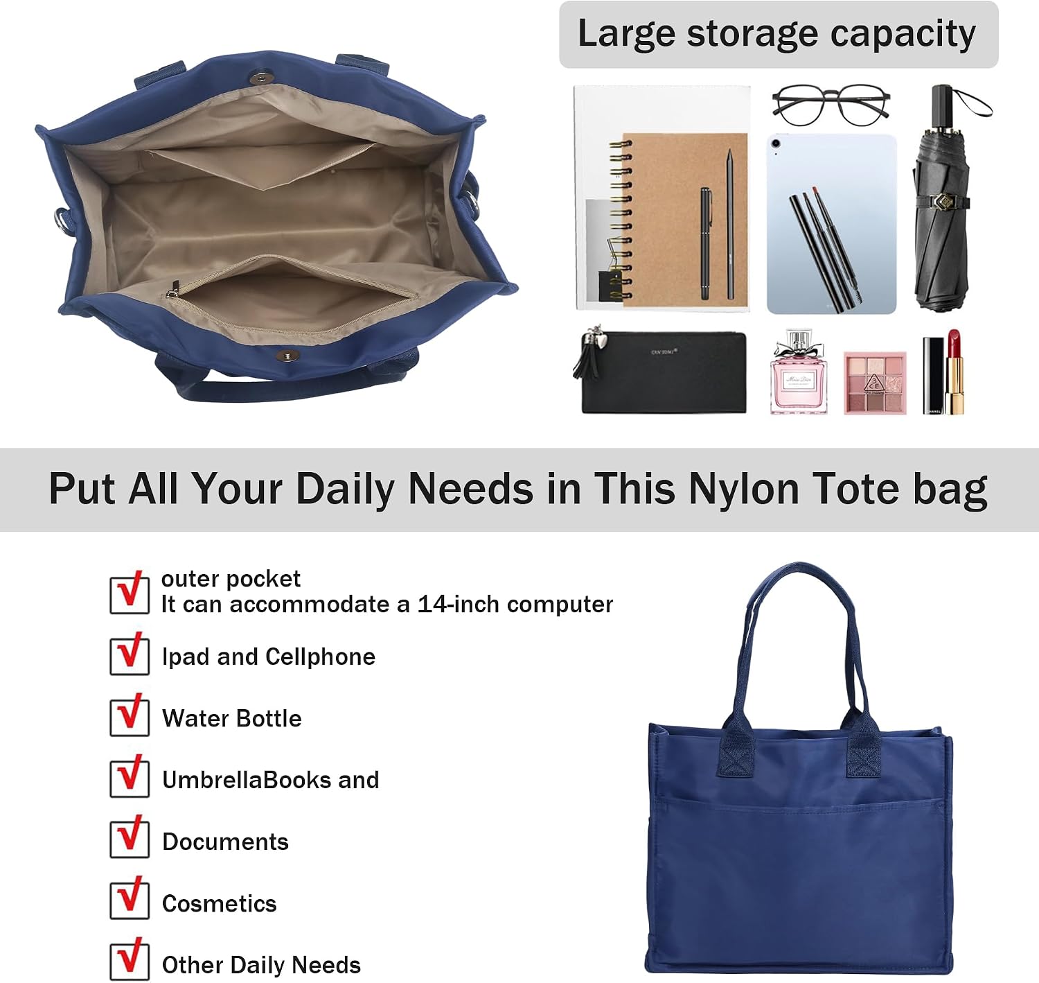 Chinllo Tote Bags for Women, Compartments Nylon Large Tote Handbags