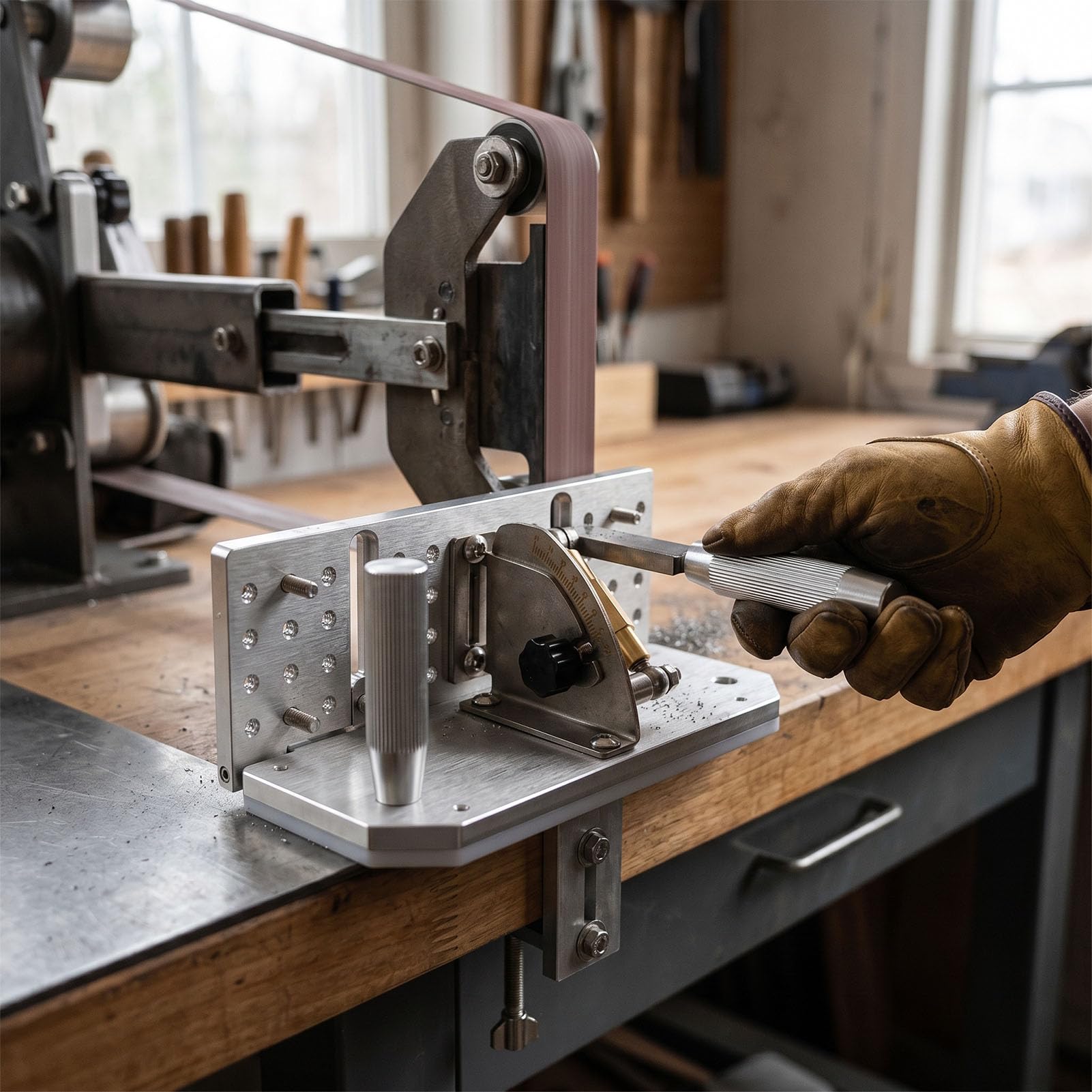Bewinner Plantilla de Corte para Amoladora de Correa, ángulo Ajustable de -5° a 25°, 7,68 Pulgadas de Largo con Asas Dobles y Placas de Prensa, Guía de Afilado de Hojas de Aluminio para Lijadora de