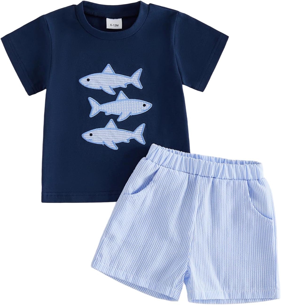 Toddler Baby Boy Fish Smocked Outfit Summer Short Sleeve Embroidery T-Shirt Bubble Striped Shorts Two Piece Clothes