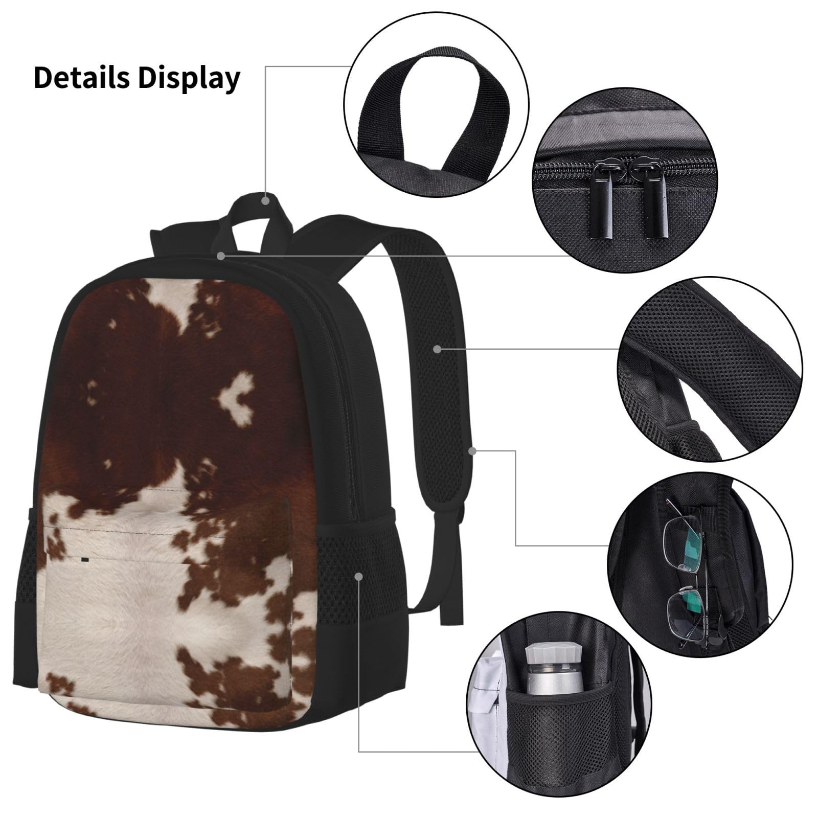 Juego de 3 mochilas escolares con estampado de piel de vacuno rojo y marrón, mochila para laptop de gran capacidad, resistente al agua, con bolsa de almuerzo aislada y estuche para lápices