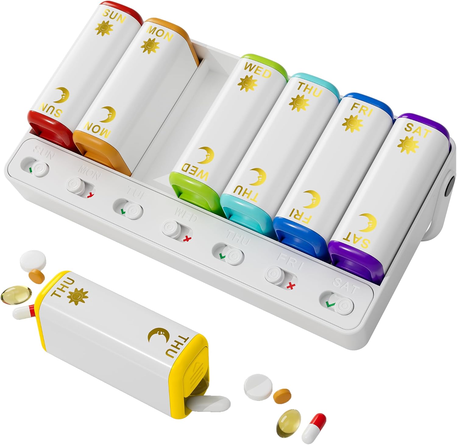 6 Times a Day, 7 Piece Set Pill Organizer-Weekly Daily Travel Medicine Multicolored Organizer,Portable 7 Day Pill Box with Moisture-Proof Pill Case Travel Pill Container for Vitamins Supplements