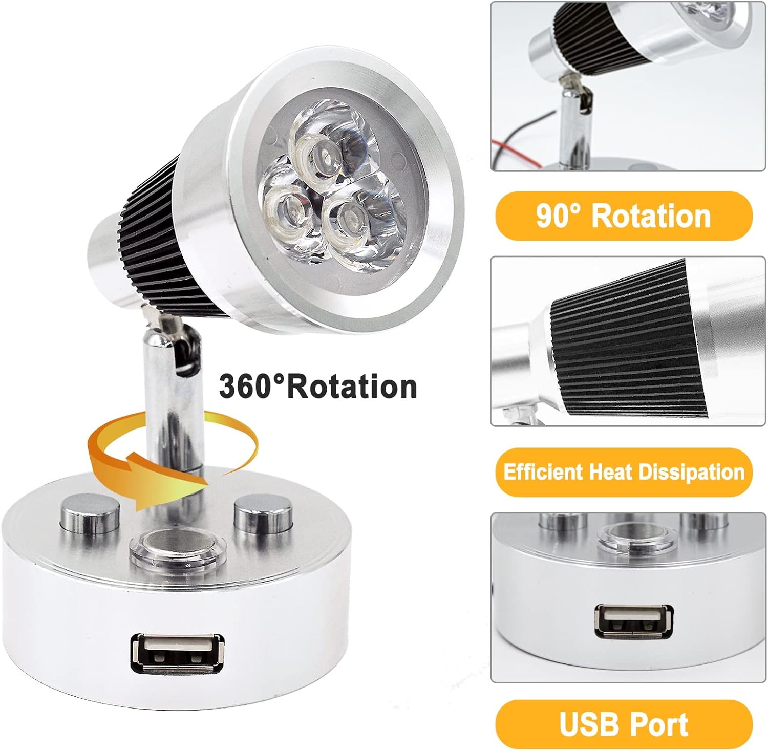 RV Lights Interior Fixture, 12V LED with USB Port RV Reading Light Dimmable Touch Bedside Light Warm White for Camper Trailer Caravan Truck Boat Motorhome Lighting