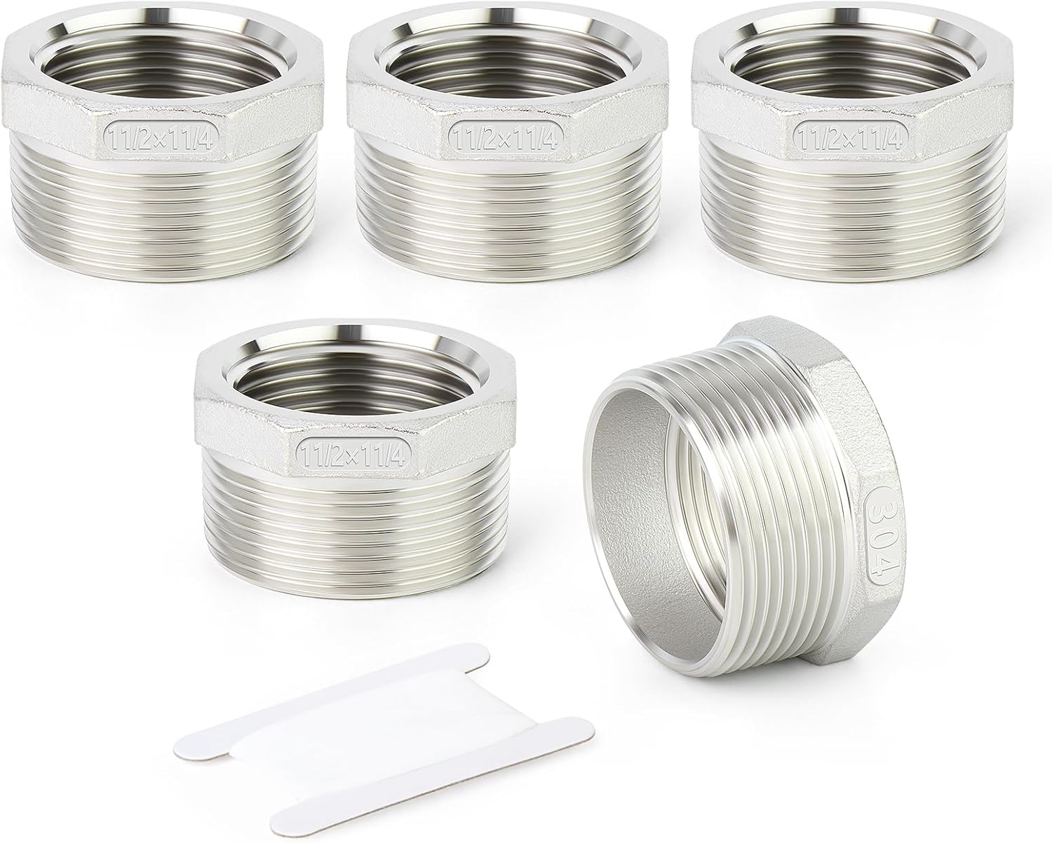 TAISHER 5PCS 304 Stainless Steel Reducer Hex Bushing, 1-1/2" NPT Male x 1-1/4" NPT Female, Reducing Pipe Adapter Fitting
