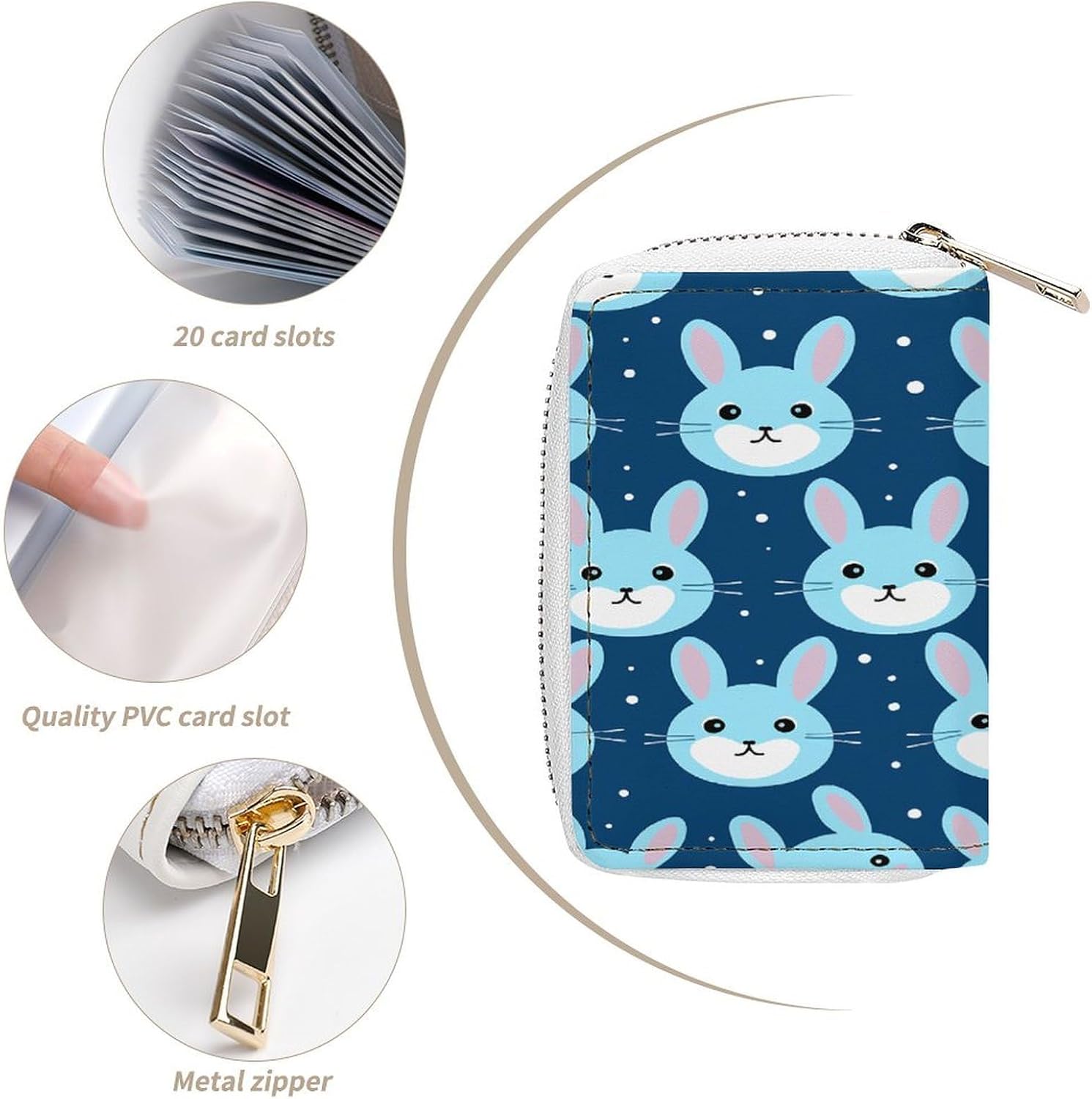 Bunny Cartoon Blue Card Holder RFID Blocking,Credit Card Wallet for Women And Men,Card Case Organizer Bag with Zipper