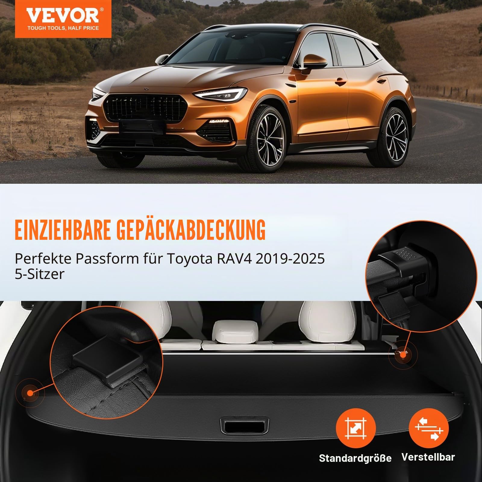 VEVOR Einziehbare Laderaumabdeckung wasserfeste Kofferraumabdeckung für Toyota RAV4 2019–2025 5-Seater, UV-beständige Kofferraumabdeckung aus Aluminiumlegierung & PVC-Lederstruktur