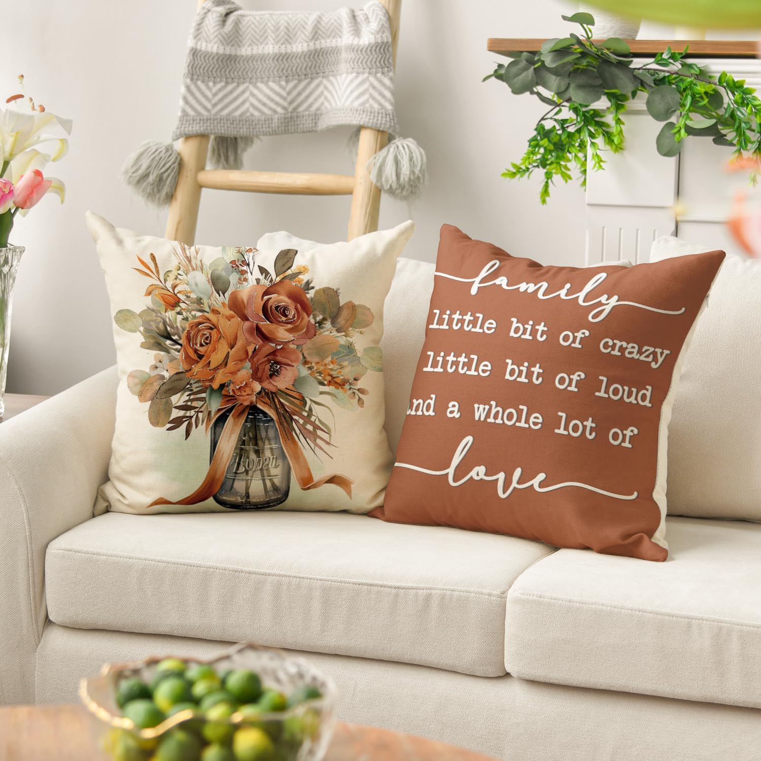 AVOIN colorlife Home Sweet Home Terracotta Sage Throw Pillow Covers, 16 x 16 Inch Seasonal Fall Eucalyptus Floral Motto Cushion Case for Sofa Couch Set of 4 - Image 4