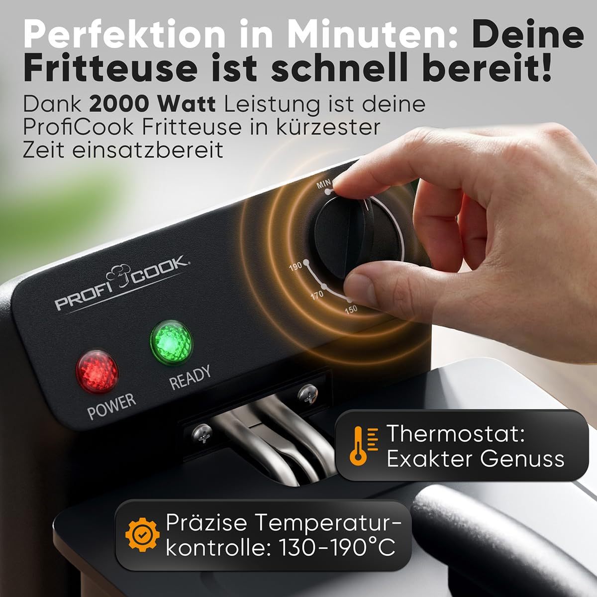 ProfiCook® Friteuse mit Fett | 130-190°C | Fritteuse mit Öl | 2000W | 3L | spülmaschinengeeignete Teile | Spritzschutz-Deckel | Kaltzonen-Fritöse | komplett zerlegbar | PC FR 1325