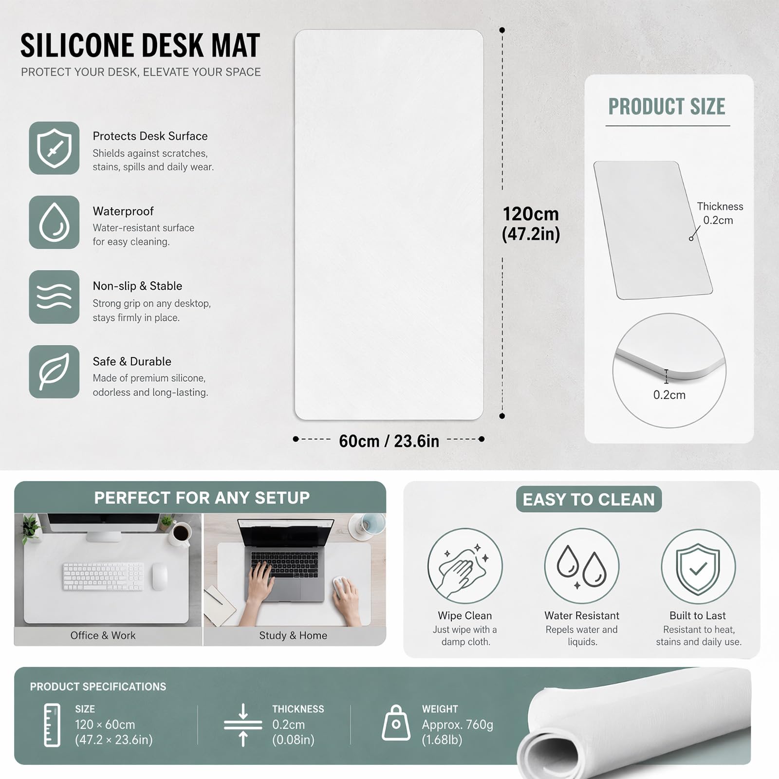 Grand tapis de table en silicone - 120 x 60 cm - Découpable - Sous-main de bureau - Tapis de bricolage - Résistant à la chaleur - Antidérapant - Pour cuisine, bureau - Couleur semi-transparente