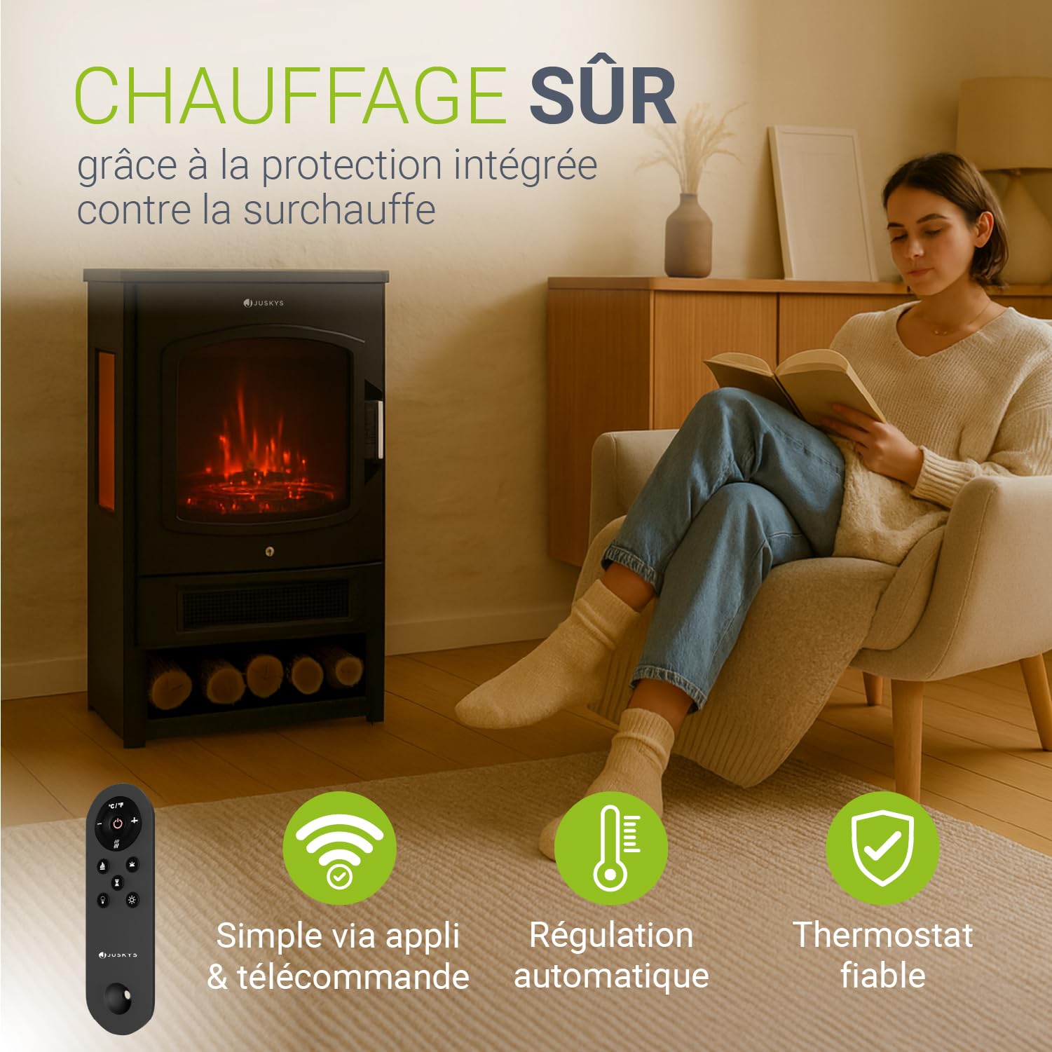 Juskys cheminée électrique 1800W – Noir, poêle électrique sur Pied avec Effet Flamme LED, WiFi/App, télécommande