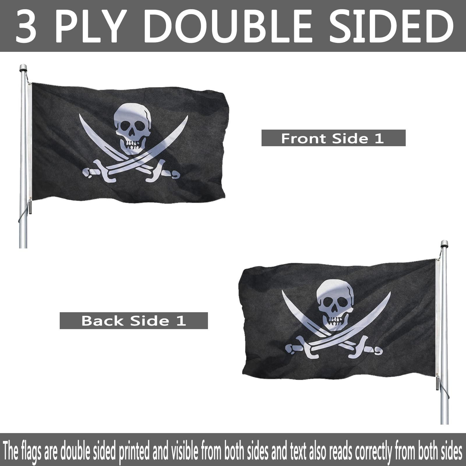 Piratenflagge Jolly Roger 7,6 X 12,7 Cm – Doppelseitig, 3-lagig, Mit 2 Ösen Für Mast Oder Auto