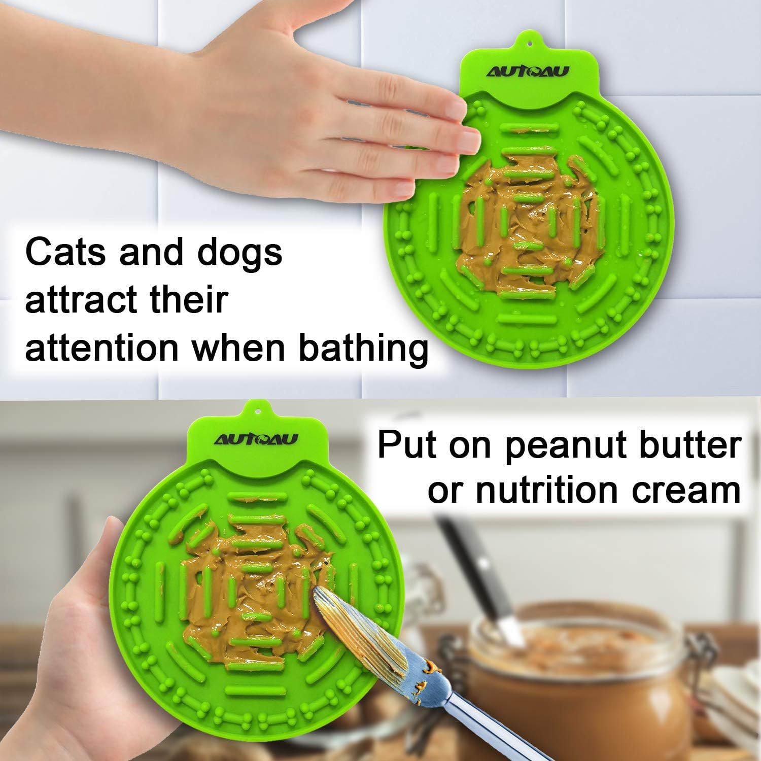 Autoau Dog Bath Lick Mat Powerful Suctions to Wall Dog Bathing Distraction Device Dog Slow Feeder Tray for Easy and Fun Shower Pet Bathing Grooming Training Dog Licking Pad (Blue+Green)