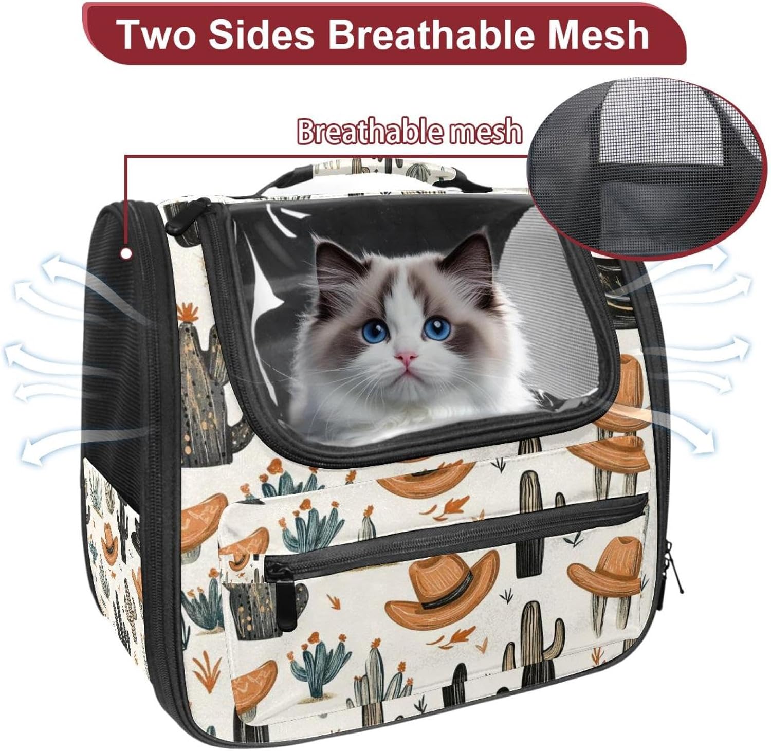 Portable Travel pet Backpack Carrier Hamster Bag Small Dog cat Carrier Breathable Hang Bag, Cowboy Hat Cactuses Western
