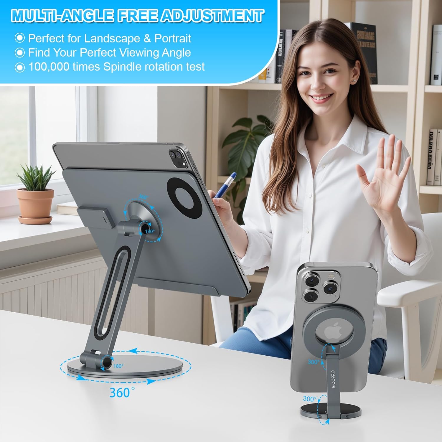 2-in-1 Magnetic Charging Stand for Pad Pro 12.9 (3rd/4th/5th/6th) & iPad Air 13 (M2/M3) with Magnetic Phone Holder for iPhone 17-12, Foldable Aluminum Tablet Stand for Desk