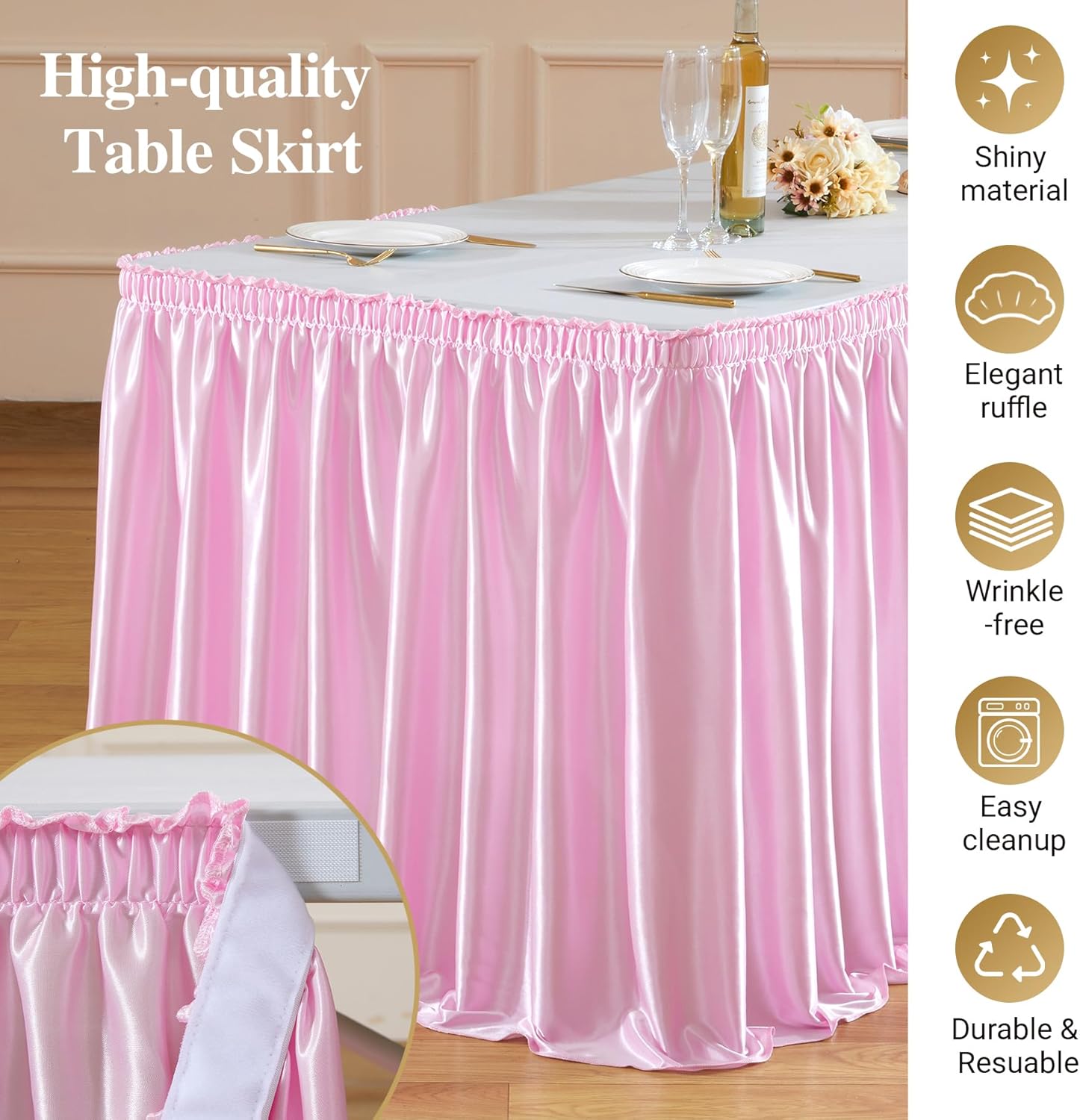 17Ft Baby Pink Satin Table Skirt for Rectangle or Round Tables, Wrinkle-Free & Ruffle Pleated Teacher Desk Skirt Sparkly Spandex Table Skirting for Home Office & Kitchen, Trade Shows, Wedding Party