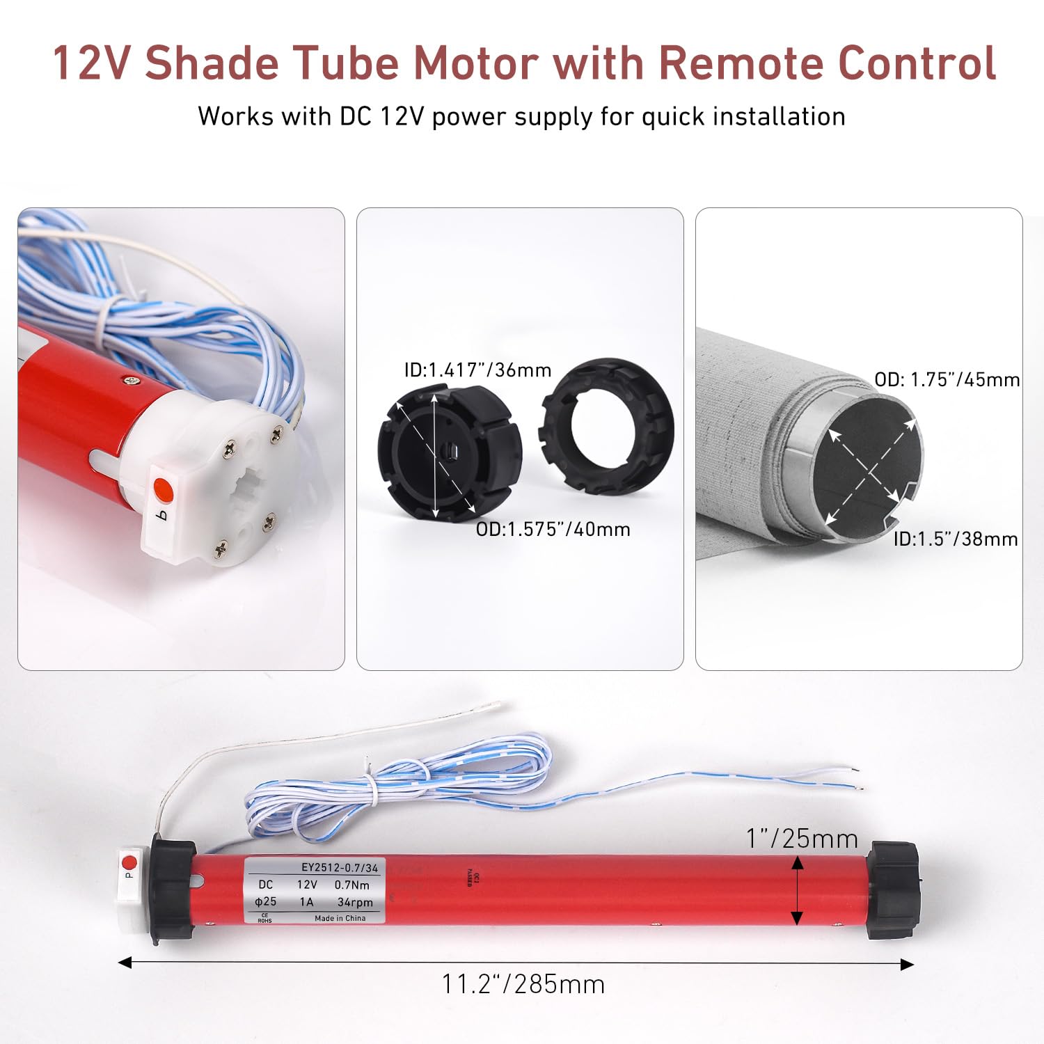Rollerhouse Motore cieco da 45 mm - Motore a tubo ombreggiante da 12 V con telecomando - Compatibile con tubi da 45 mm, alimentazione con alimentatore DC 12V 2A