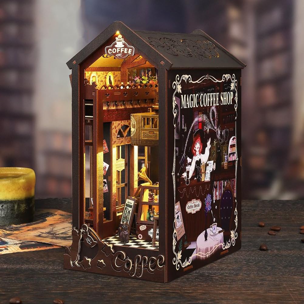 DIY Miniature Coffee Shop Book Nook Kit, LED Light, Dollhouse Model 3D Puzzle, Assembly Bookend for Adult
