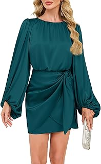 Women's Short Formal Satin Dress Elegant Long Lantern Sleeve Pleated Crew Neck Tie Waist Cocktail Party Mini Dresses