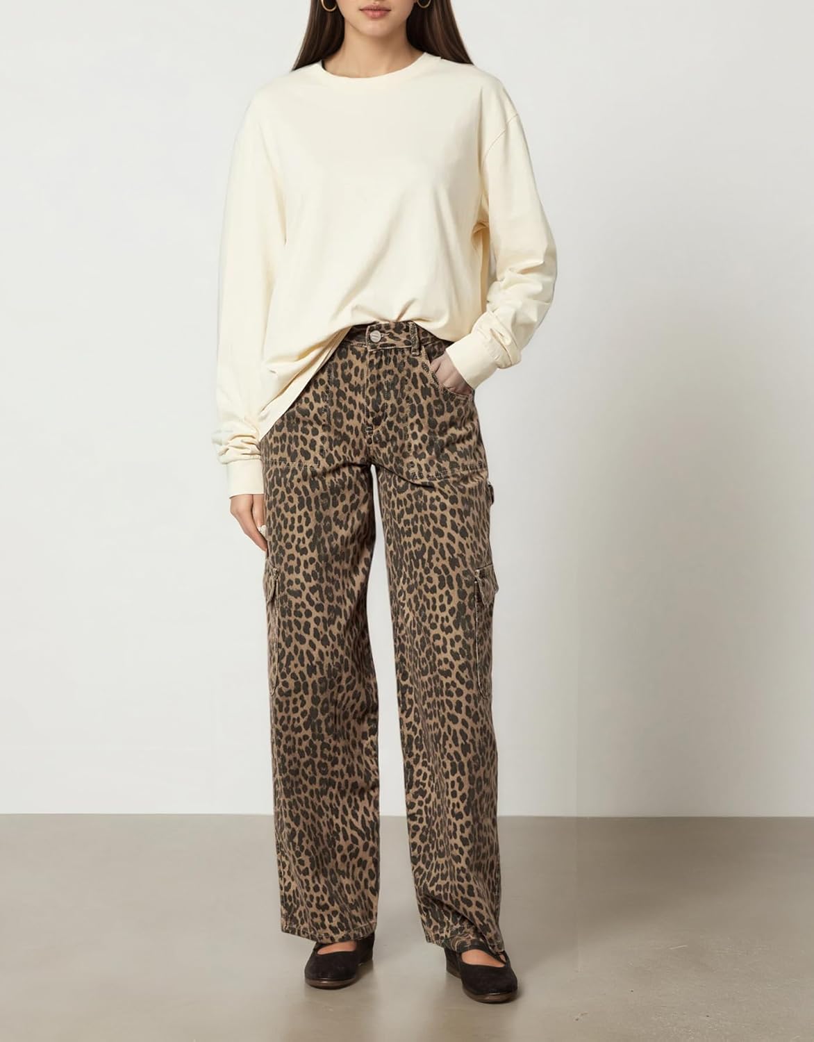 Kedera Womens Leopard Cargo Pants Straight Leg Cheetah Print Jeans Wide Leg Y2K Barrel Baggy Boyfriend Jeans with Pockets - Image 5