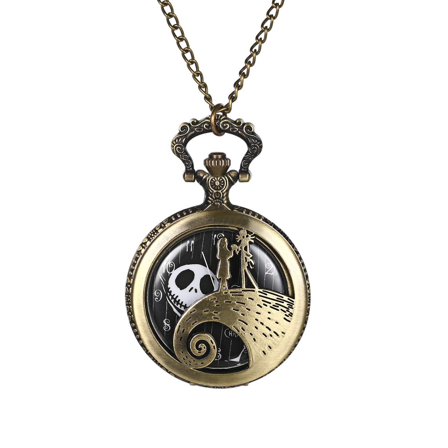 JewelryWe Herren Taschenuhr mit Schädel Totenkopf Jack Skellington aus The Nightmare Before Christmas, Quarz Analog Uhr mit Kette Halskette
