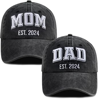 SHANVANKE 2PCS Dad and Mom EST 2024 Hats for Men Women, Funny Adjustable Cotton 3D Embroidered New Parents Gifts Baseball Cap