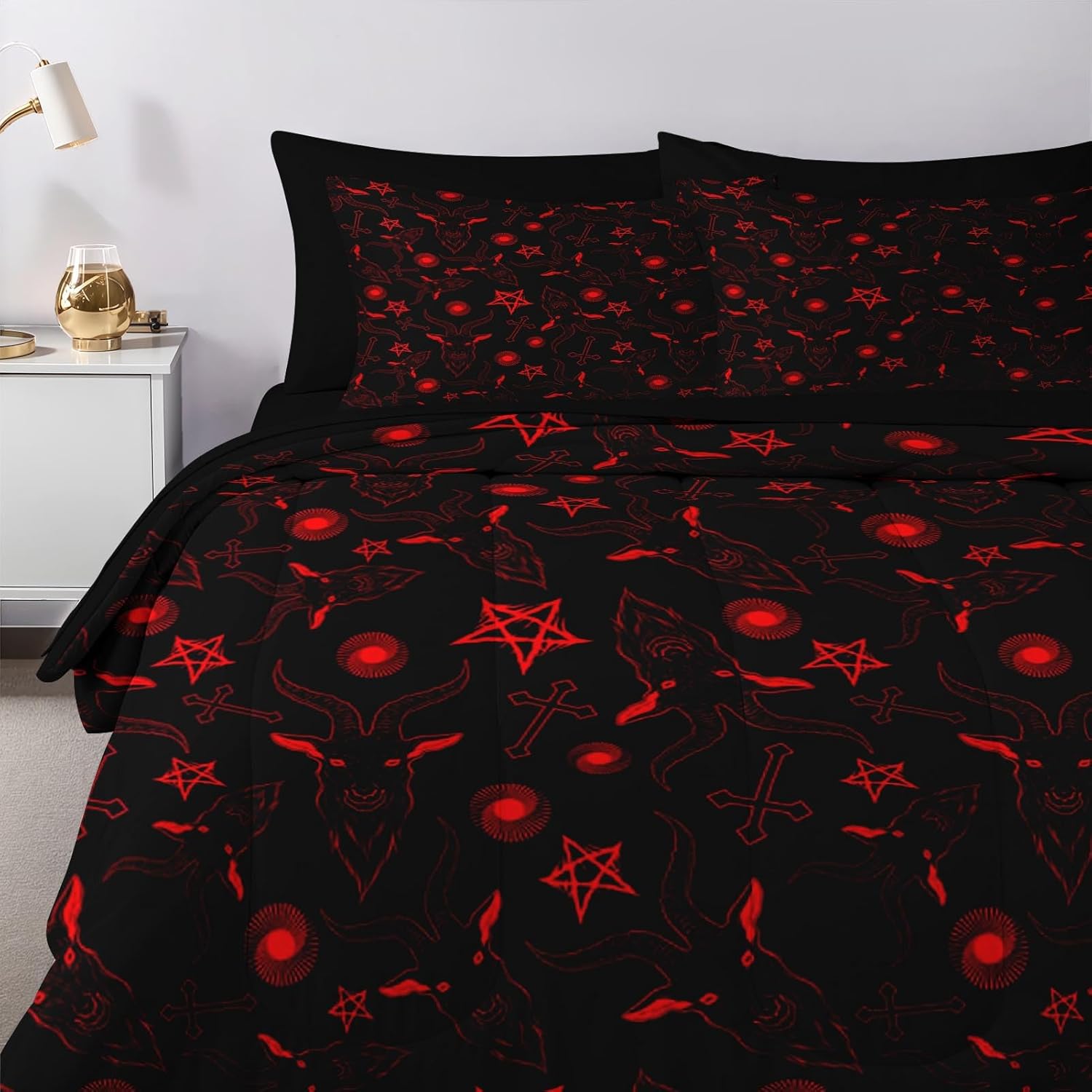 Nesker 7 Pcs Comforter Set Queen Size, Baphomet Satanic Pentagram Bedding Set for Kids and Adults, Vintage Halloween Black Sheets Bed Sheet Sets with Fitted Sheet 2 Pillowcases & 2 Shams - Image 5