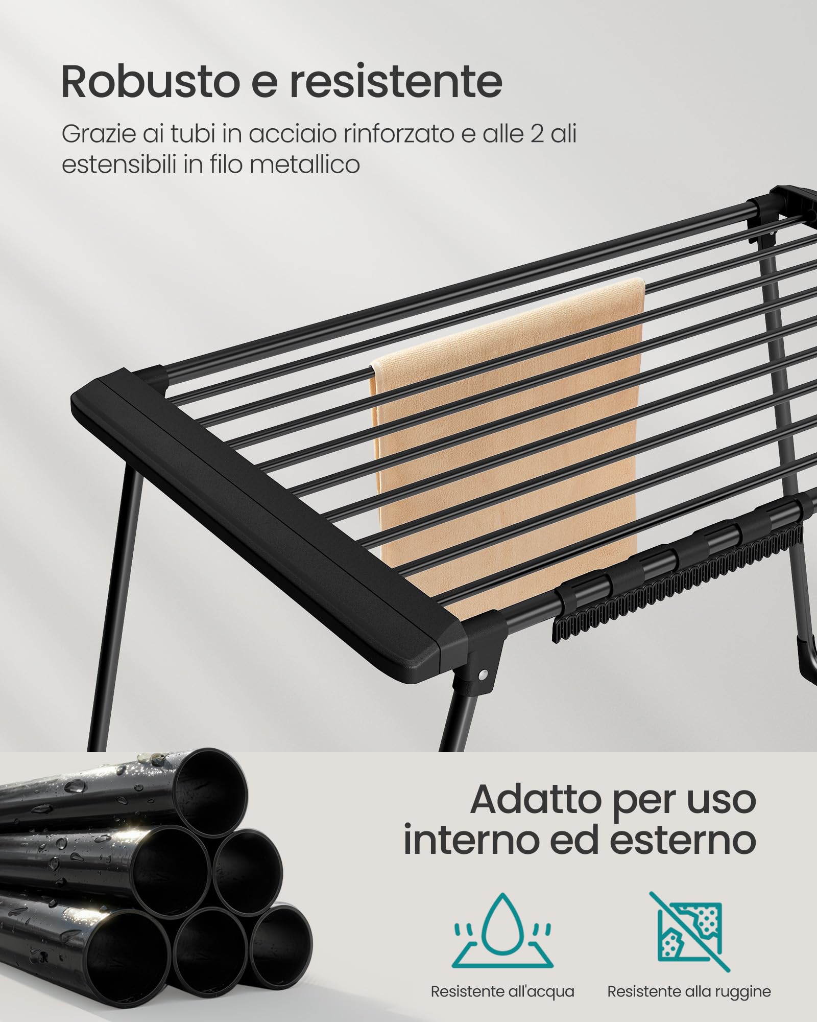 SONGMICS Stendibiancheria Pieghevole, Superficie di Asciugatura 22 m | Stendino da Terra, Ali Estensibili, con Porta Calzini, Nero Inchiostro, Bunji LLR522BH01
