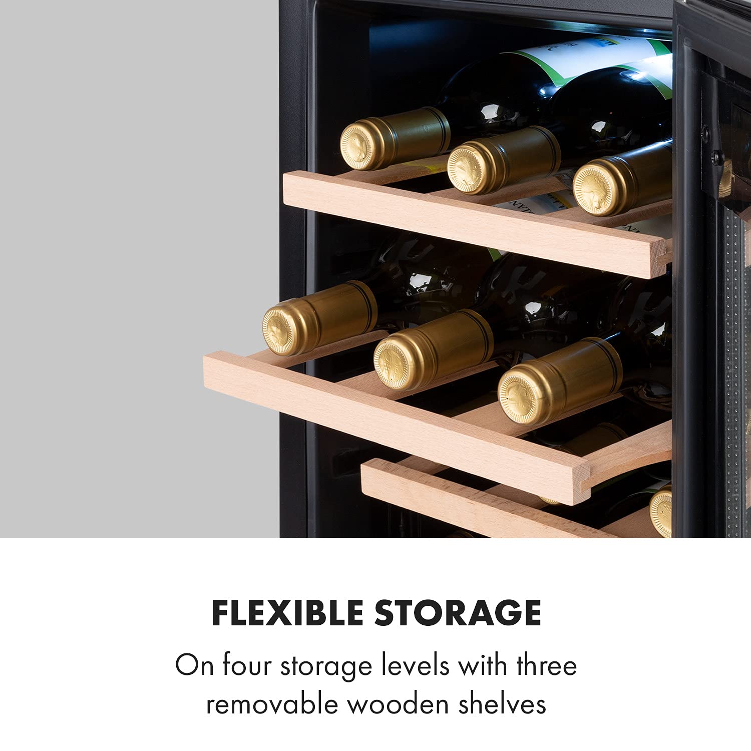Klarstein Reserva Uno Weinkühlschrank 31 Liter 12 Flaschen 11-18 °C 26 dB 3 Holzregalebenen LED-Beleuchtung UV-Schutz Schwarz