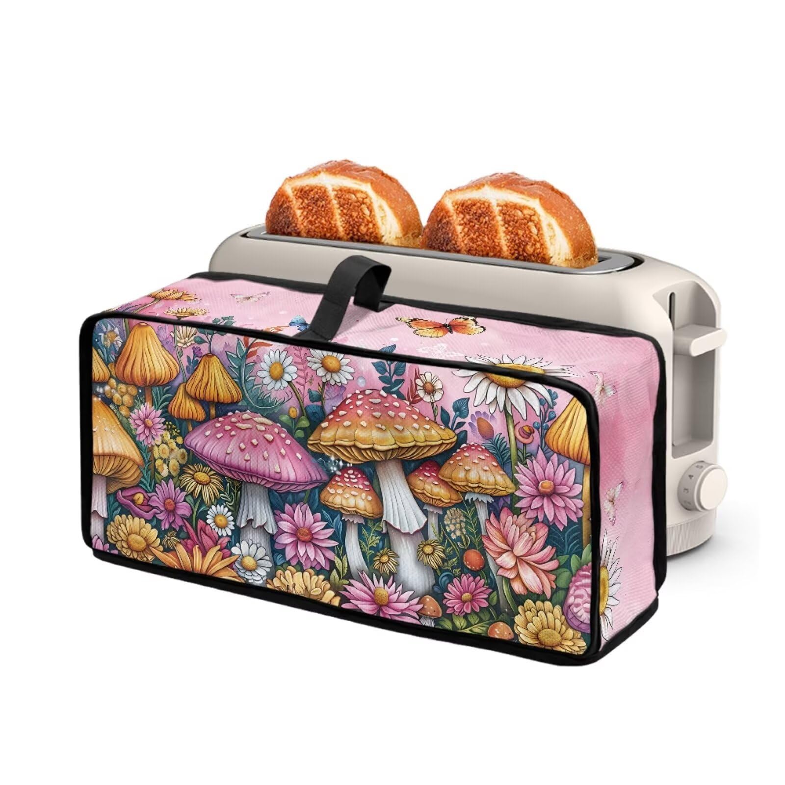 Floral Mushroom Print Kitchen Small Appliance Dust Protector Cover 2 Slice Long Slot Toaster Cover with Top Handle Thin Bread Maker Oven Dust-proof Protector Decor