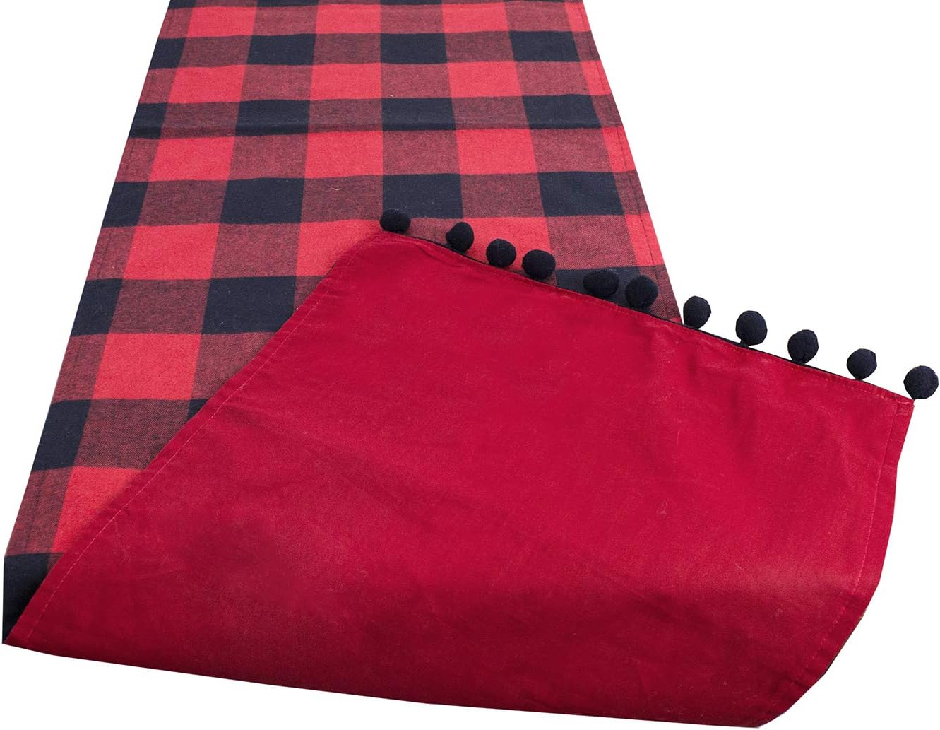 Fennco Styles Buffalo Plaid Red and Black Velvet Pom Pom Trim Design Cotton Table Runner 16" W x 72" L - Holiday Plaid for Christmas, Home, Dinding Table Décor, Banquet and Special Occasion