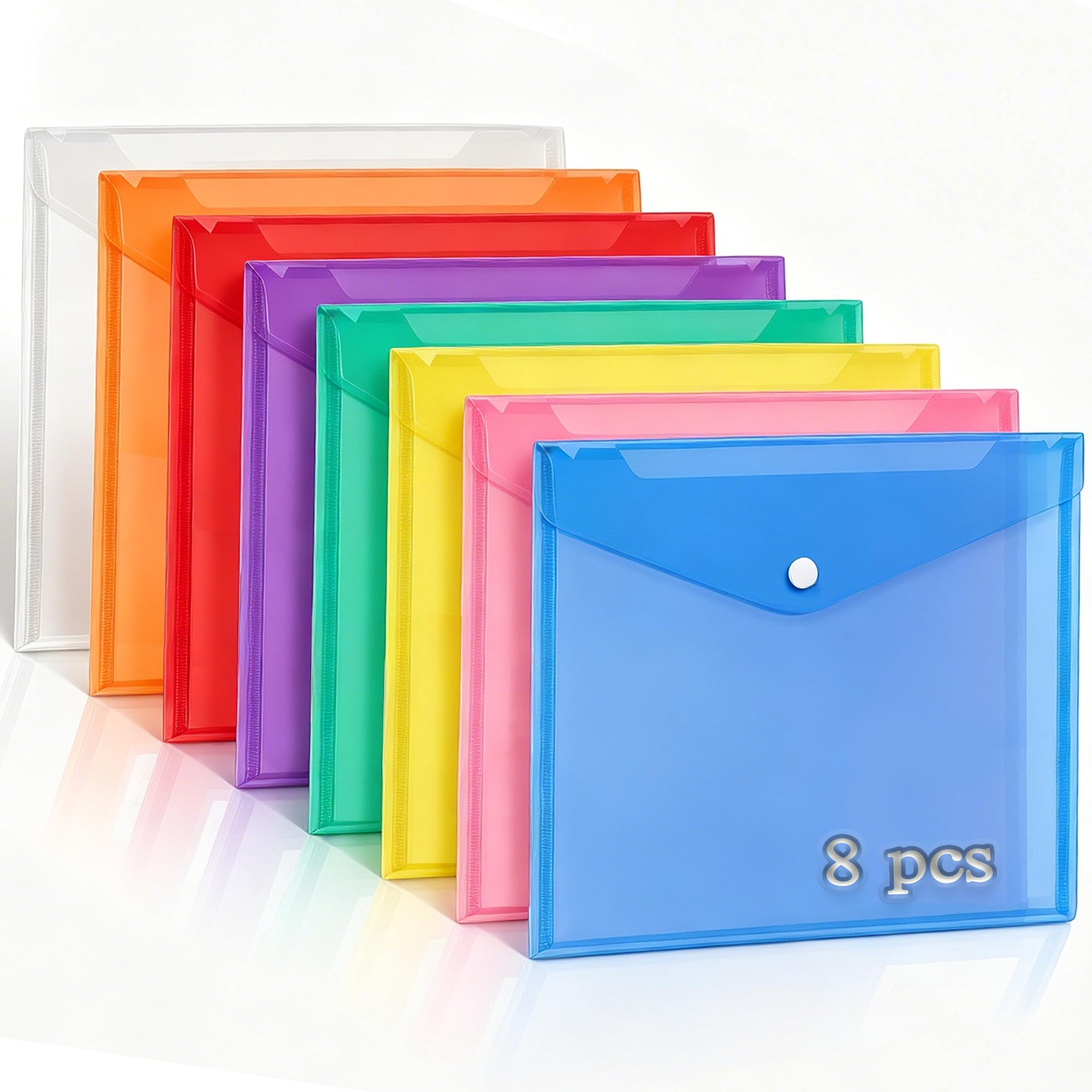 8 Pcs A4 Plastic Wallets, Waterproof Transparent Document Folders with Button Closure, Clear Plastic File Pockets for Office School Home Document Organization & Stationery Supplies