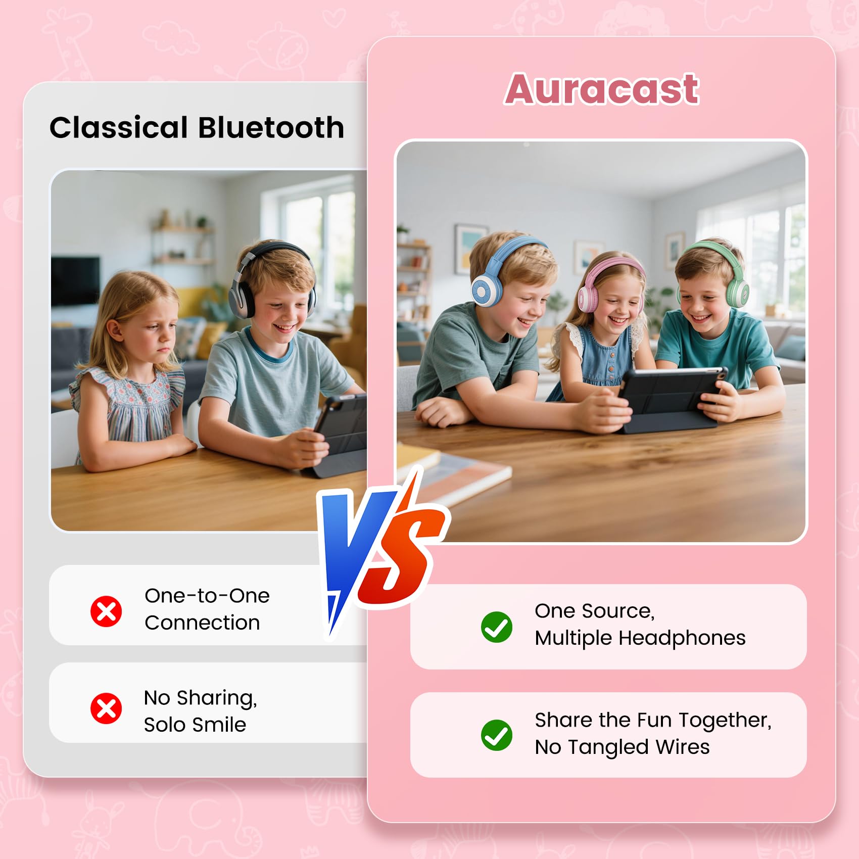SIMOLIO Auriculares Bluetooth para niños, rosa y azul
