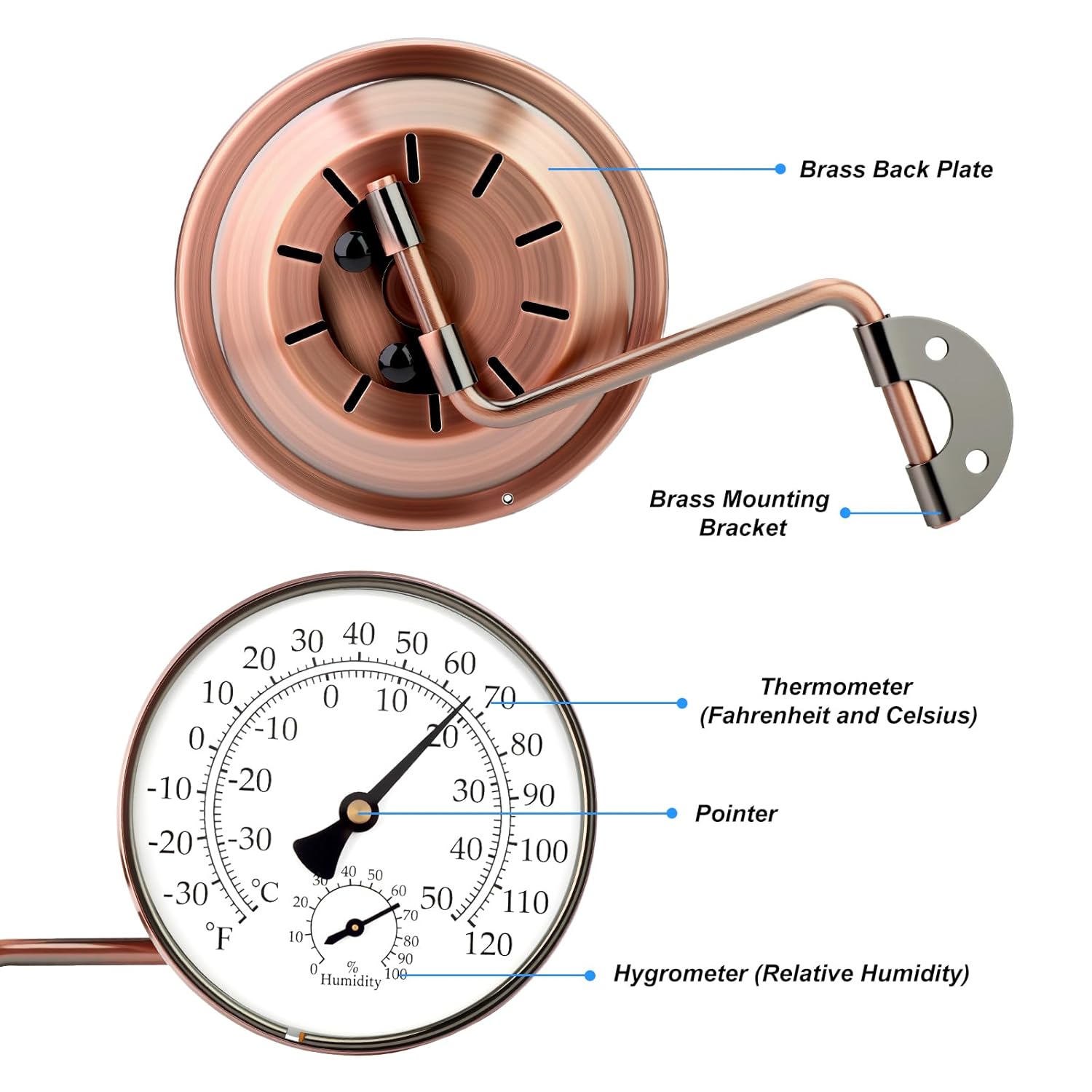 MEANLIN MEASURE 4" Brass Wall-Mount Outdoor Thermometer, Swivel Indoor Outdoor Thermometer with Humidity Gauge, Decorative Analog Temperature Gauge for Patio, Window, Greenhouse, Garage, Garden, Wall