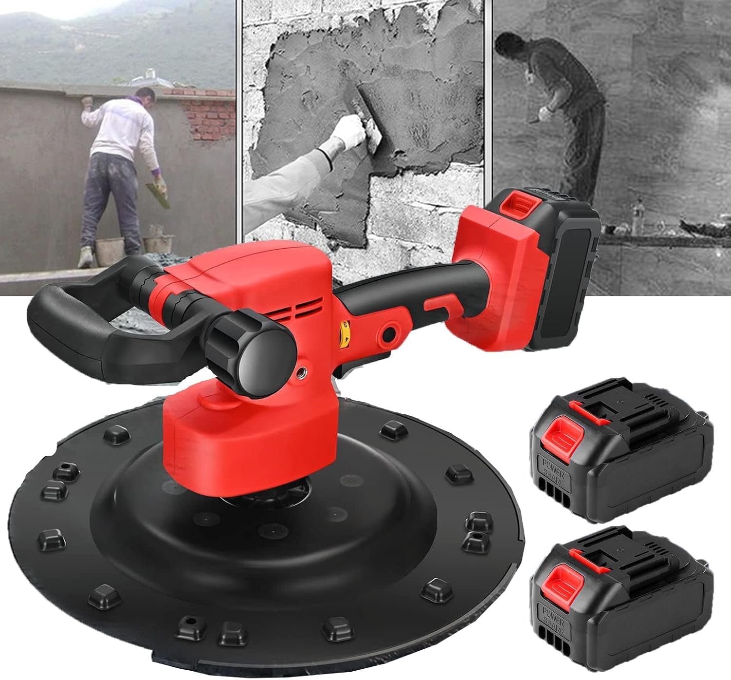 Fratasadora Eléctrica Para Mortero De Cemento De Hormigón, Enyesadora Eléctrica 1680W - 6 Velocidades, para Lijadora de Techos (Juego completo de Fratasadora Eléctrica(2batería+4almohadillas))