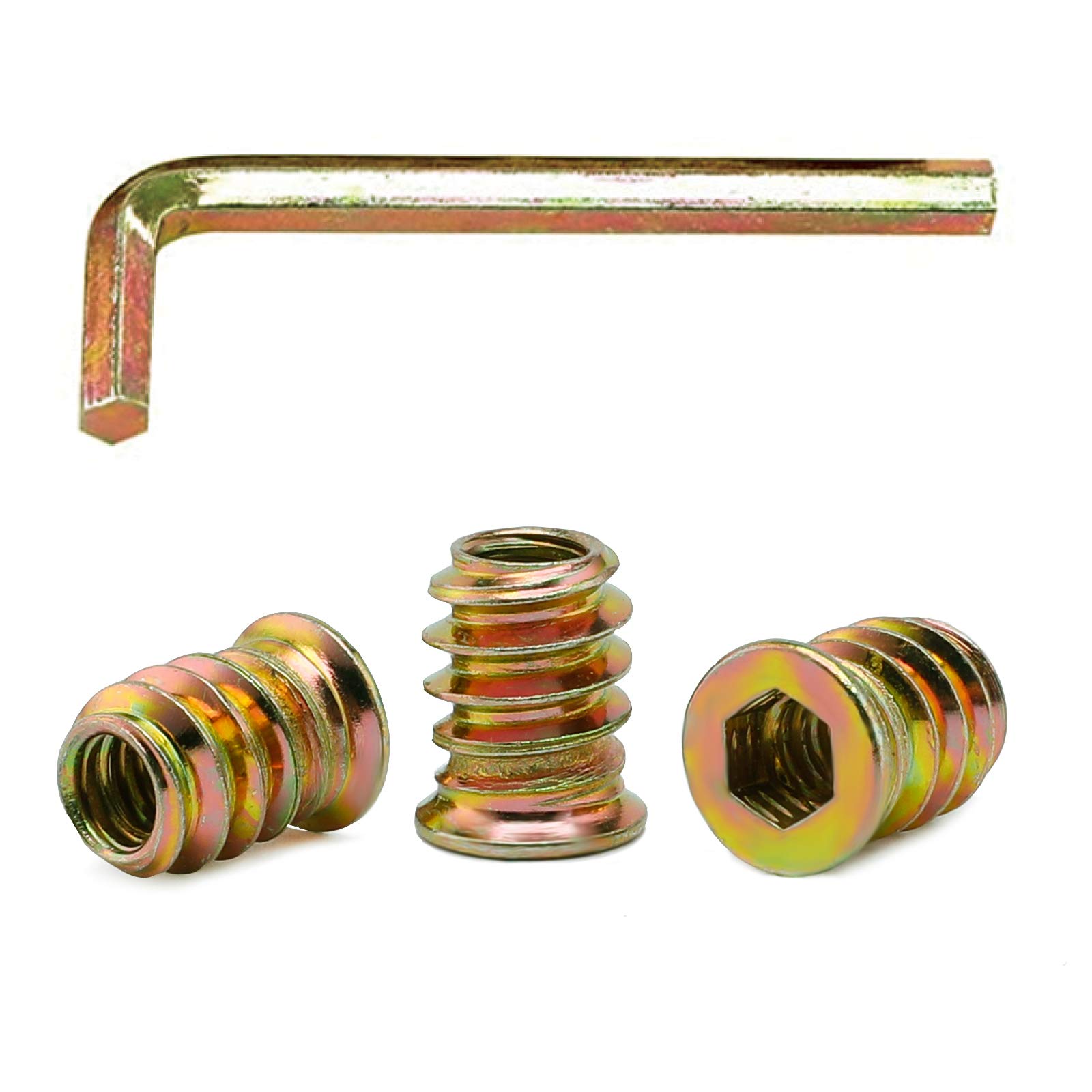 70pcs Threaded Inserts for Wood Nutsert Screw 1/4" -20 x 15mm Hex Drive Furniture Wood Nuts (with Hex Spanner-Bronze)