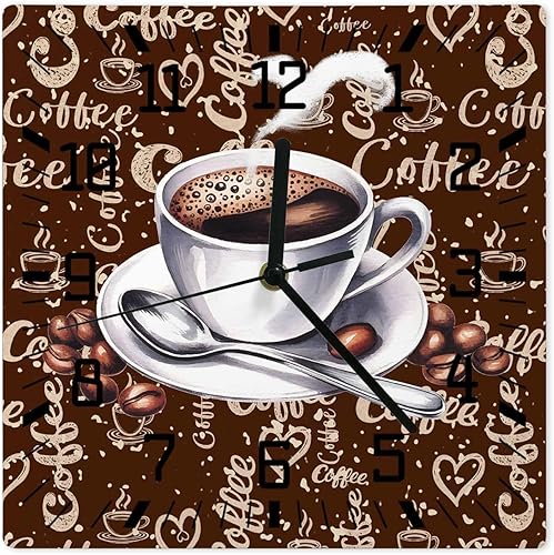 Reloj de pared con taza de café, funciona con granos, reloj de pared silencioso de madera sin tictac de 12 pulgadas, reloj de pared cuadrado de