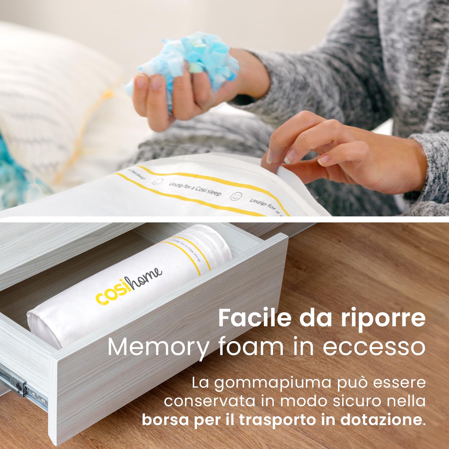 Cosi Home Cuscino in Memory Foam Lussuoso con Fodera in Bambù, Imbottitura in Gel Rinfrescante, 71 x 45 cm e Altezza Regolabile - Traspirante e Lavabile in Lavatrice