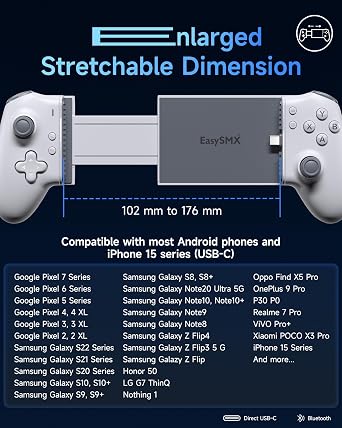 EasySMX M15 Type C Mobile Gaming Controller for Android iPhone 15 Series USB C, Cloud Gaming Xbox Playstation Game Pass Bluetooth Gaming Controller with Hall Joysticks Trigger Mechanical Plug and Play