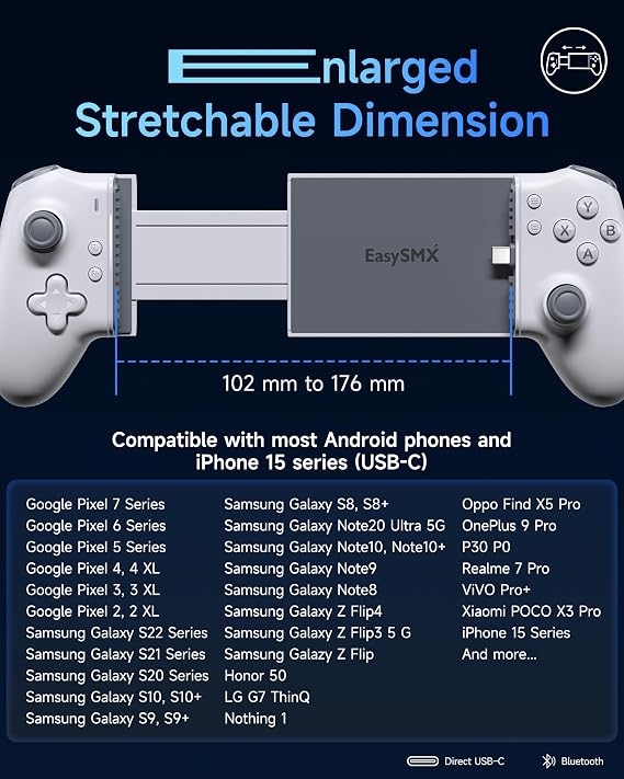 EasySMX M15 Type C Mobile Gaming Controller for Android iPhone 15 Series USB C, Cloud Gaming Xbox Playstation Game Pass Bluetooth Gaming Controller with Hall Joysticks Trigger Mechanical Plug and Play