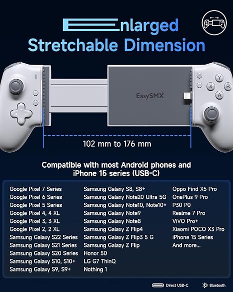 EasySMX M15 Android Mobile Phone Controller Smartphone Controller for iPhone 15 Series with USB C Bluetooth Mobile Phone Controller with Hall Effect Trigger & Joystick Mechanical Buttons White