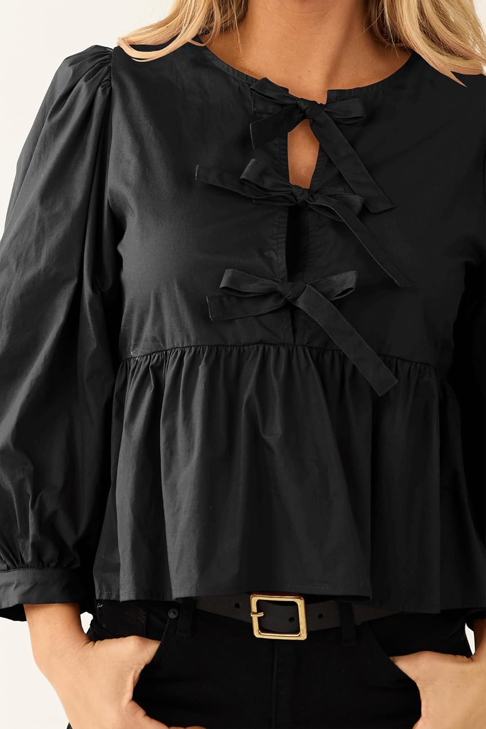 Women's Babydoll Tie Front Tops Puff 3/4 Length Sleeve Cute Casual Summer Peplum Blouses Shirts 2025 - Image 4
