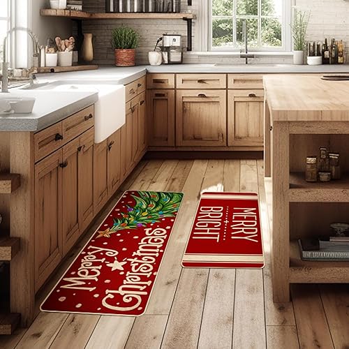 Miniatura 2 de Juego de 2 tapetes de cocina con texto en inglés "Merry Christmas", antideslizantes, lavables, estilo granja, decoración para el hogar, cocina,
