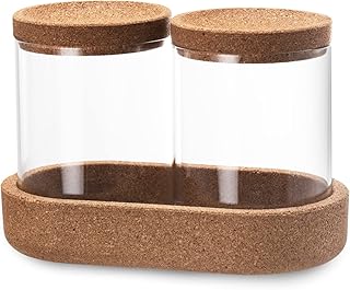 LENNXIER 2 Pack of 15 Oz.Glass Qtip Holder Apothecary Jars with Vanity Tray for Cotton Balls, Cotton Swabs, Cotton Round Pads, Hair Ties, Flosses, Apothecary Jars Set for Canisters Storage, Containers, and Small Items