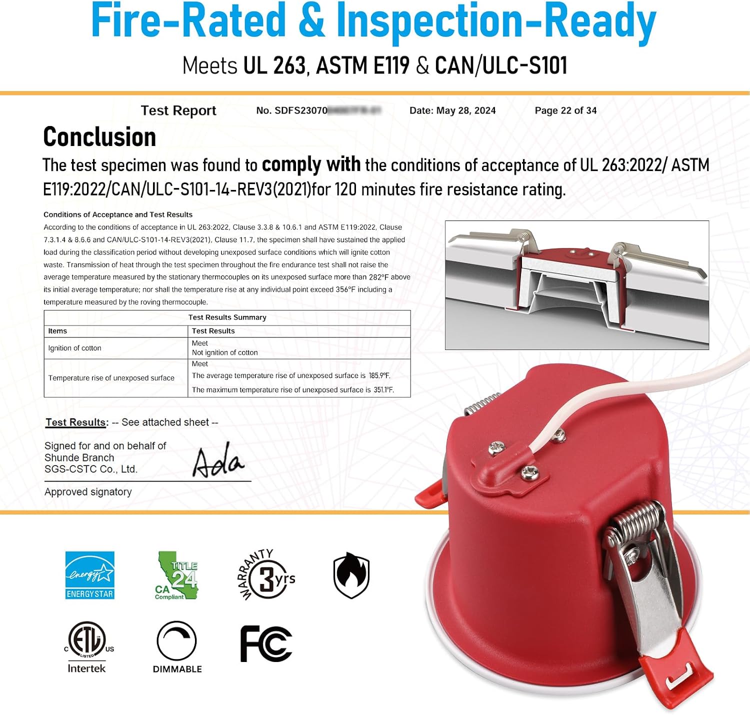 TORCHSTAR 3 Inch 2 Hour Fire Rated Deep Baffle Recessed Light, Meets UL263 & ASTM E119, IC Rated Airtight 8W Canless Downlight with J-Box, 5CCT Dimmable for Office Hotel Commercial Use