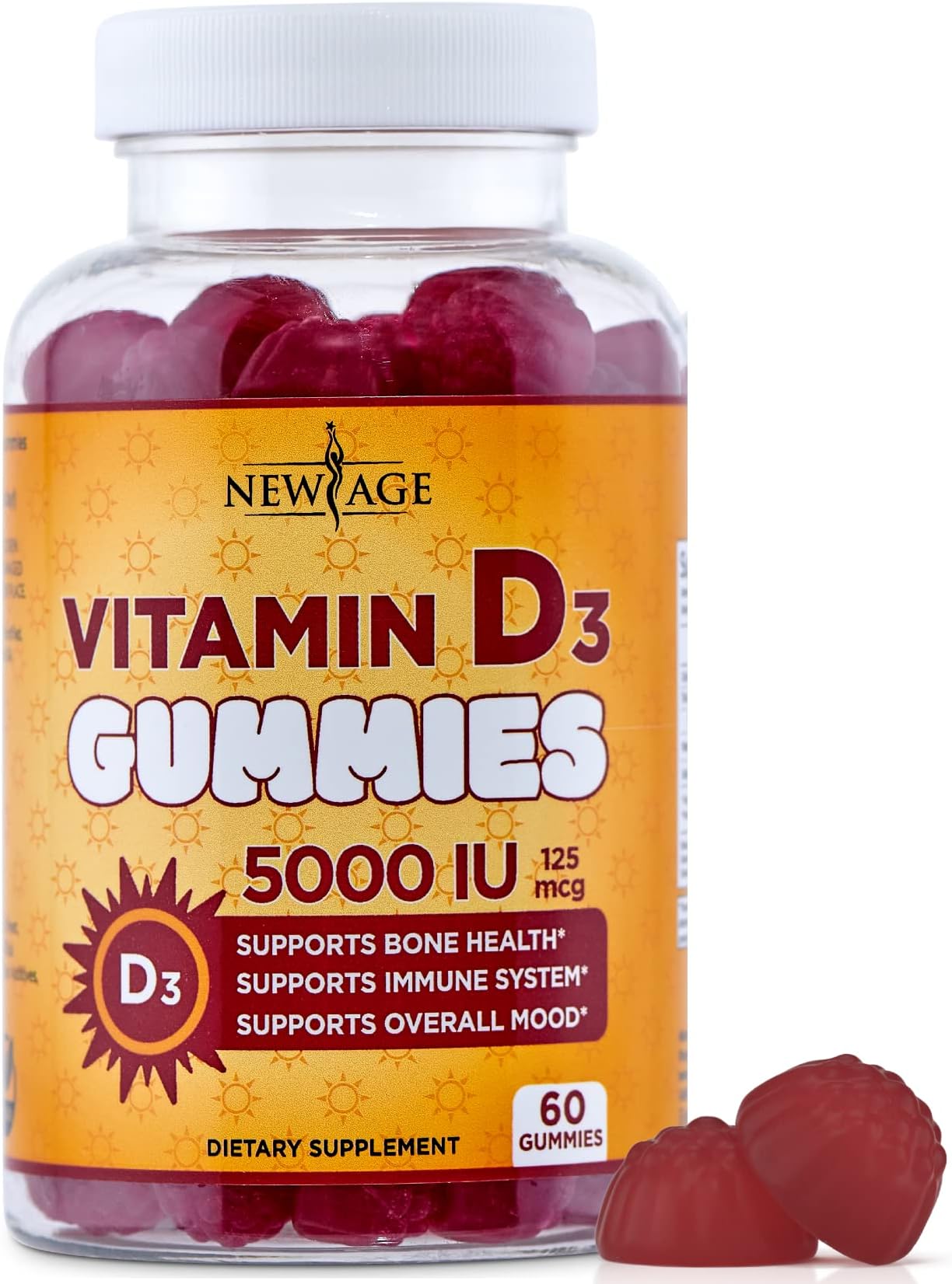 NEW AGE Vitamin D3 5000 IU 125mcg Gummies - Immune Supplement - Non-GMO, Gluten-Free, Dairy-Free, No Gelatin (60 Gummies (Pack of 1))